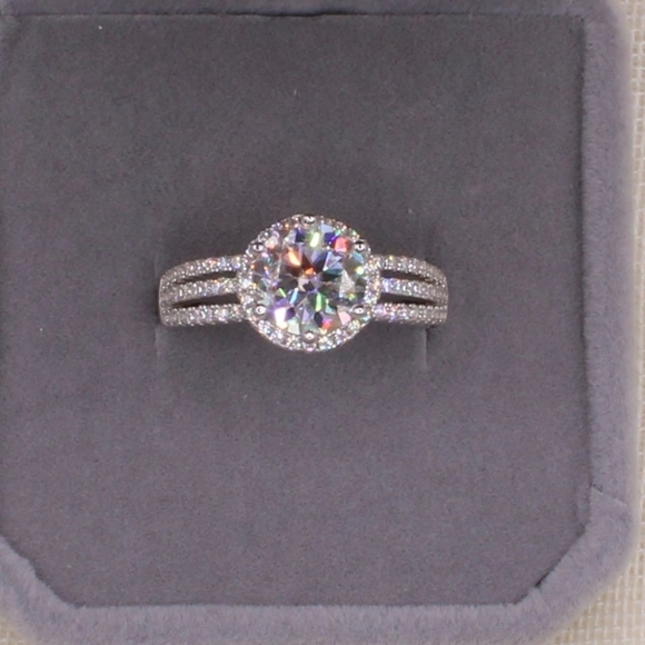 2 Carat Round Moissanite Platinum and Rhodium Plated 925 Silver Ring - Picture 7 of 14